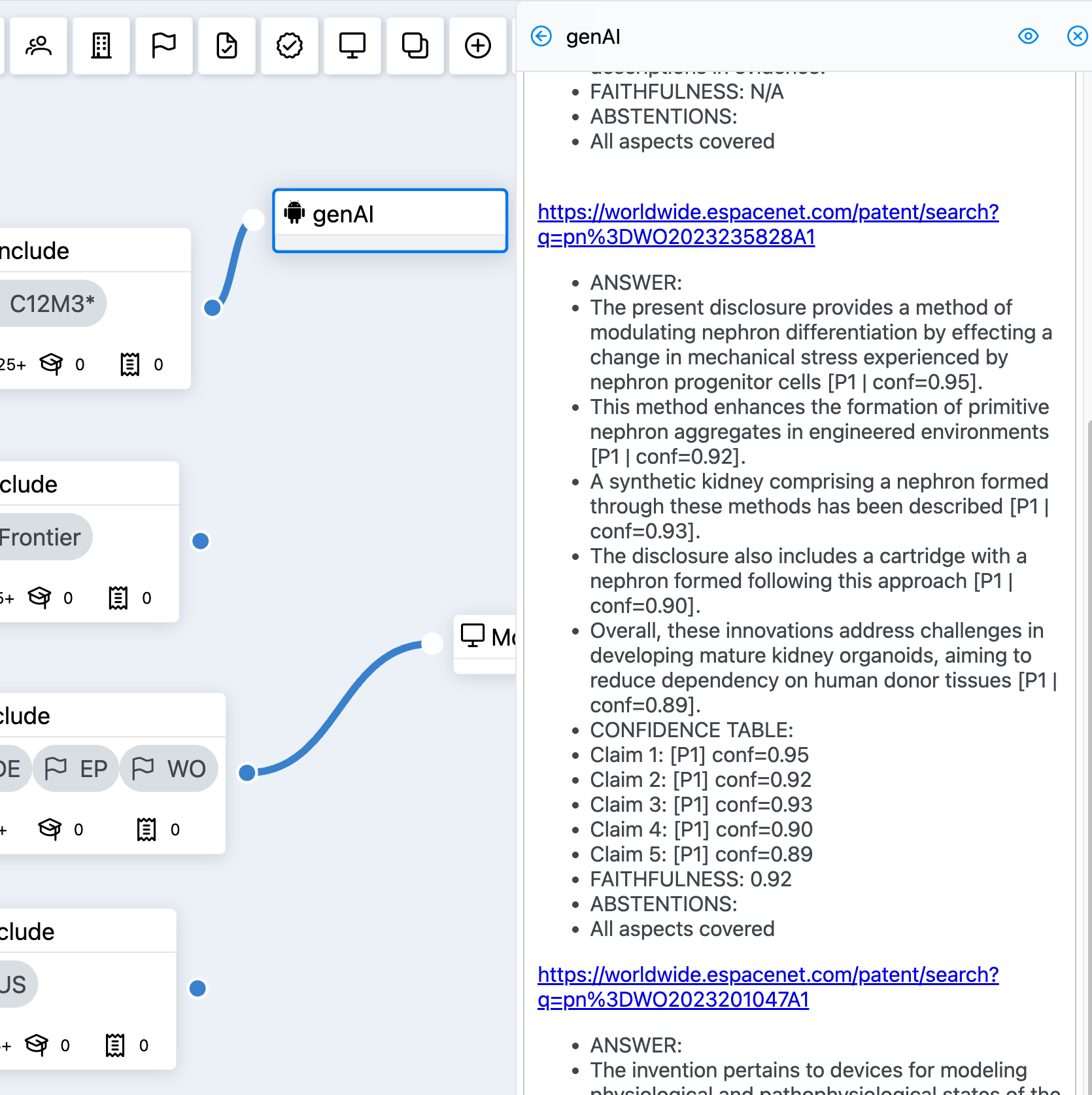 Kwintely AI freedom-to-operate analysis with claim-level confidence scores and linked Espacenet patent sources
