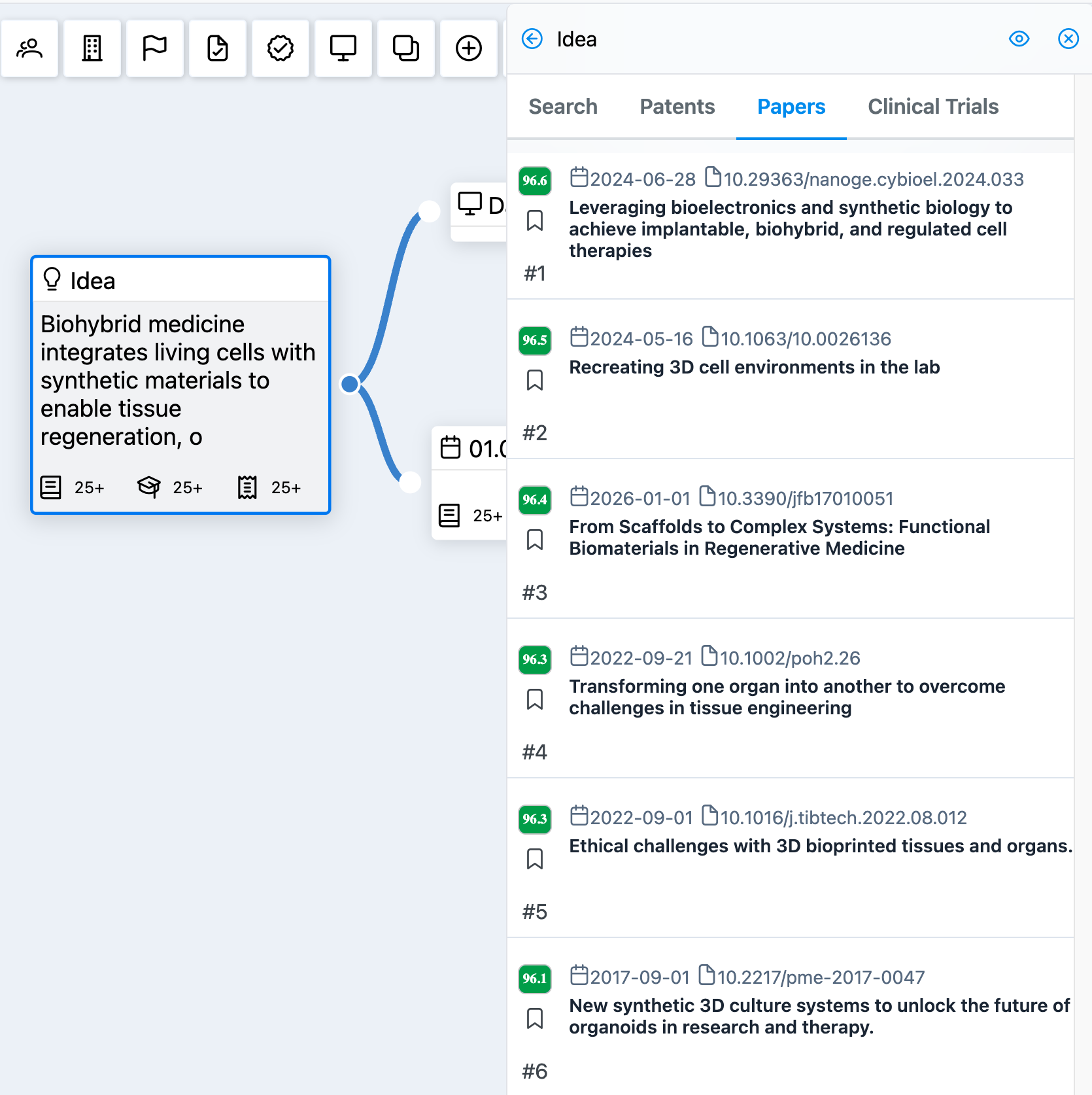 Kwintely patent and science search workspace showing a research idea node with ranked scientific paper results