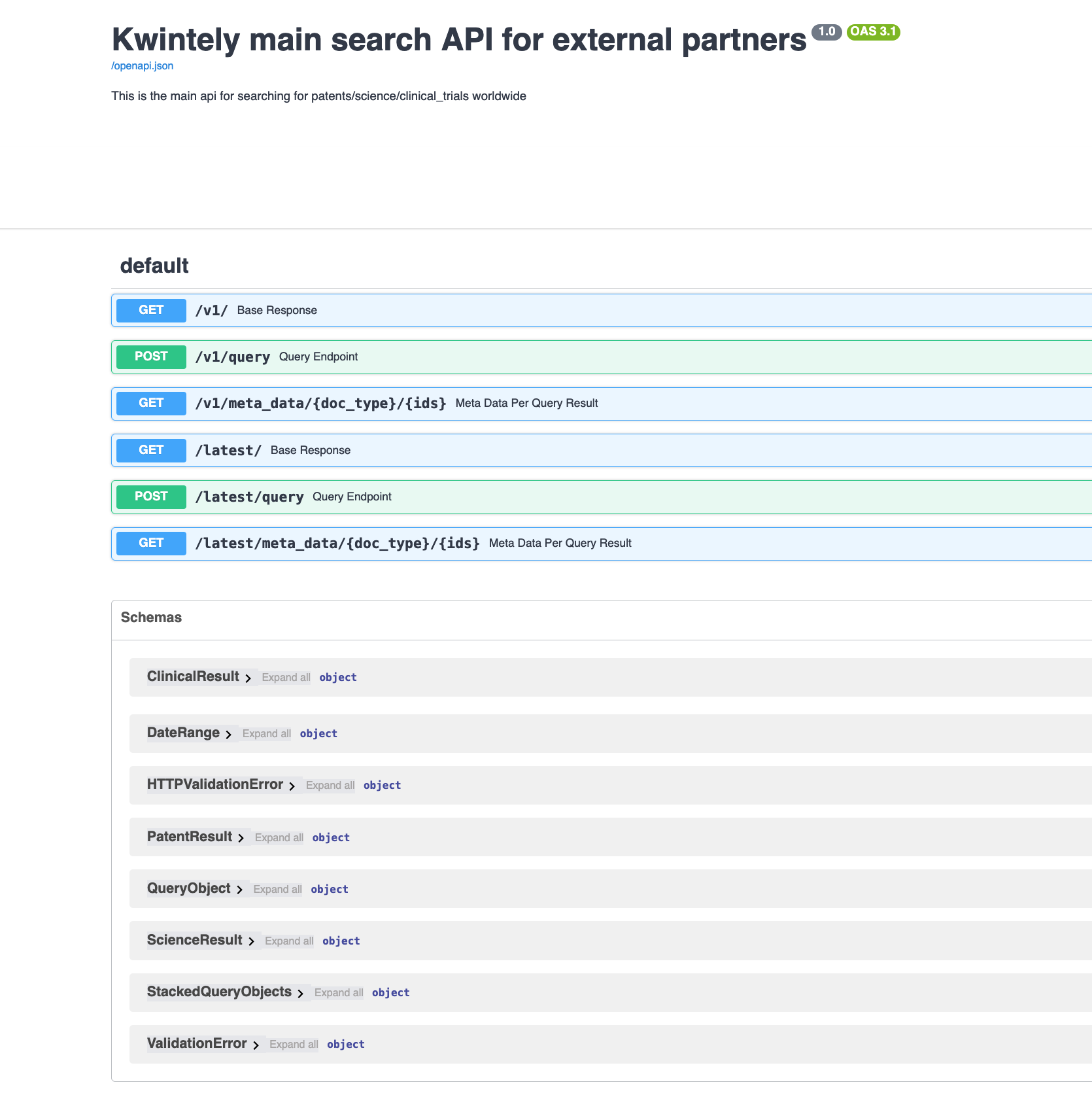 Kwintely main search API OpenAPI documentation with query and metadata endpoints for patents, science and clinical trials